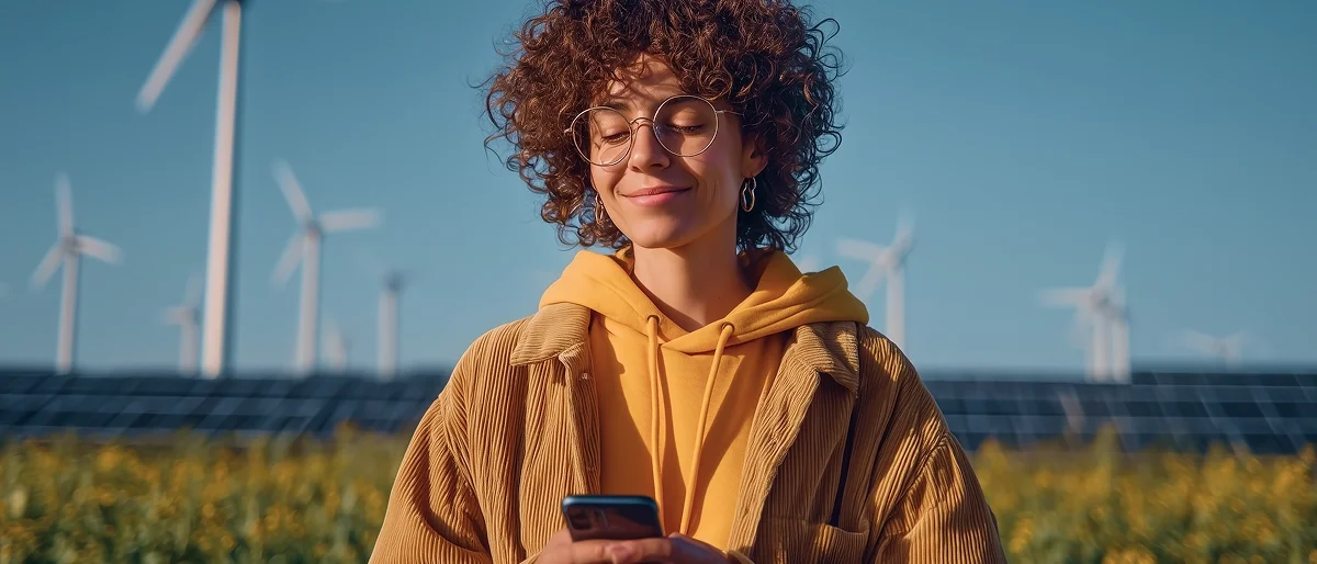 donna felice con smartphone in un campo di pannelli fotovoltaici e pale eoliche
